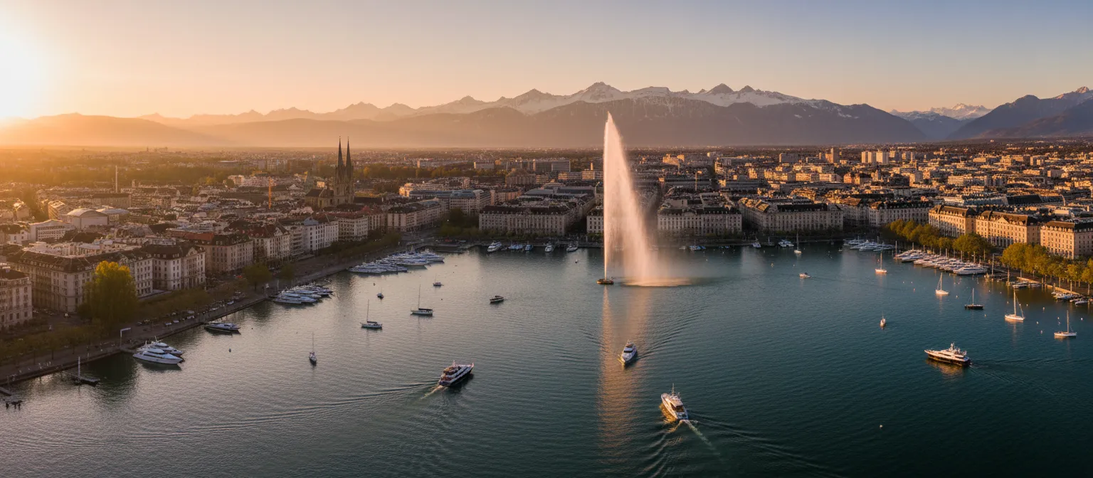 Geneva lakeside panorama at golden hour